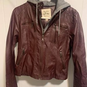 Dark maroon leather jacket with hood